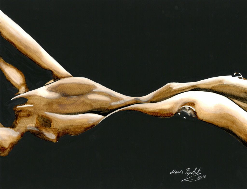 MOON SHADOW – ORIGINAL EROTIC COFFEE PAINTING, NUDE ON THE BEACH, POP ART&nbsp;EROTICA