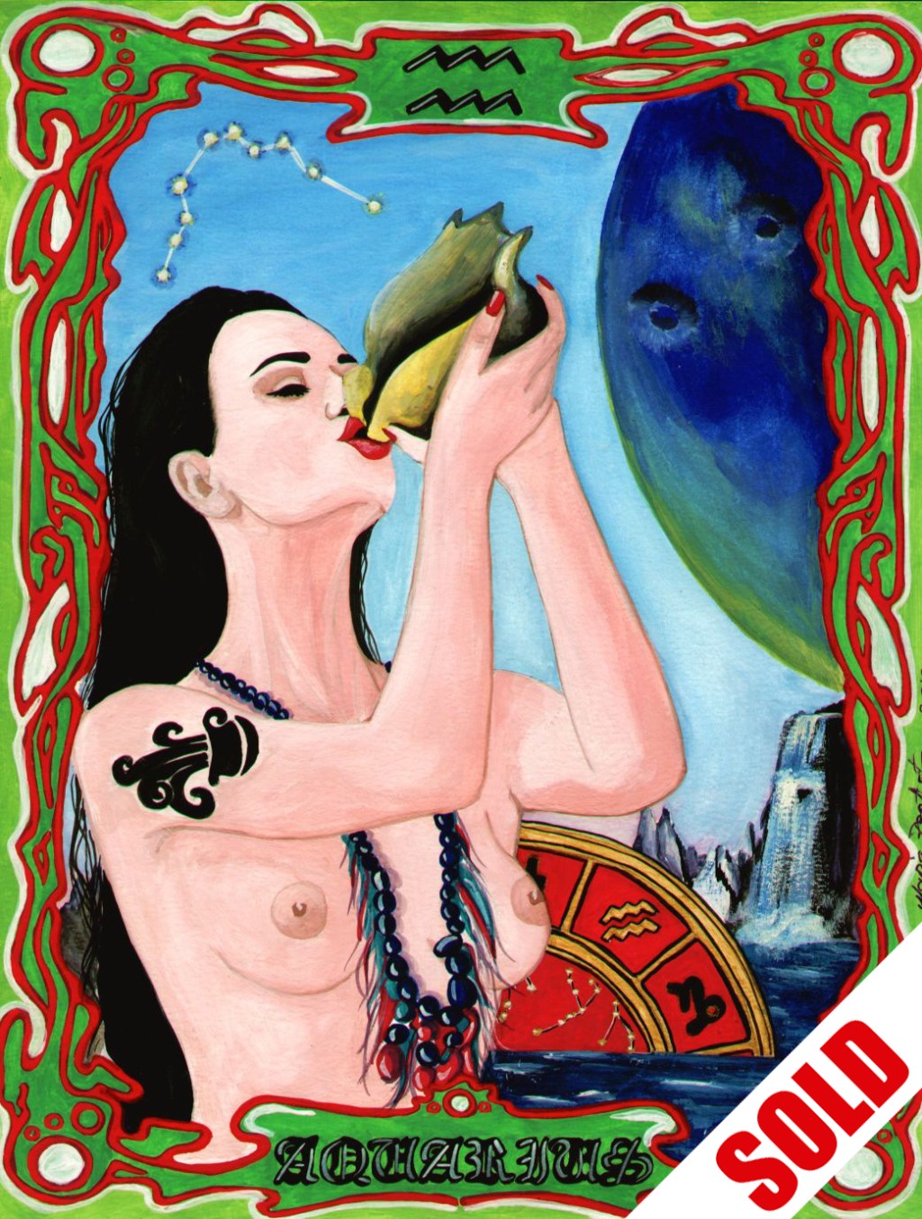 EROTIC ZODIAC: AQUARIUS – ORIGINAL POP ART WATERCOLOR, HOROSCOPE EROTICA&nbsp;PAINTING