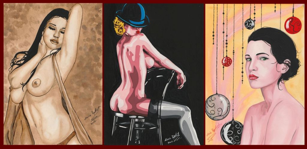PINUPS FAN – 3 ORIGINAL EROTIC WATERCOLORS & COFFEE PAINTING, POP ART&nbsp;EROTICA