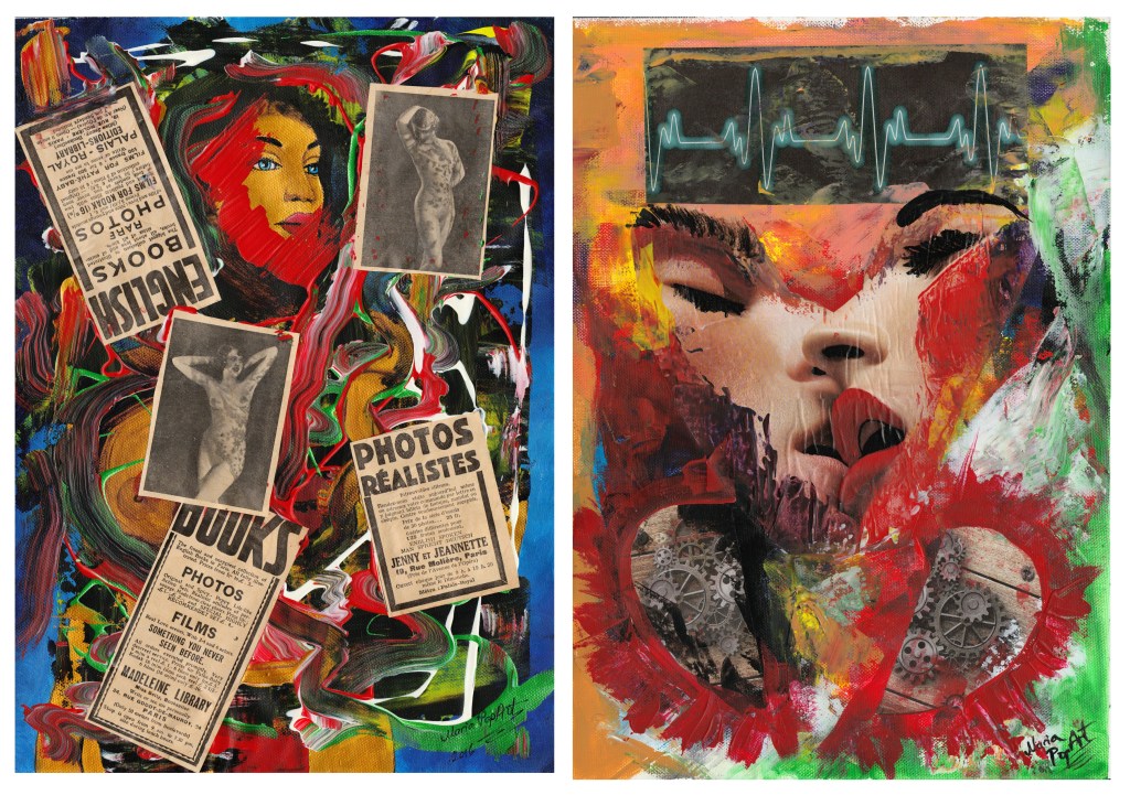 CURIOSA & HEARTBEAT – 2 ORIGINAL MIXED MEDIA ON CANVAS, ACRYLIC & COLLAGE EROTIC&nbsp;COMPOSITIONS