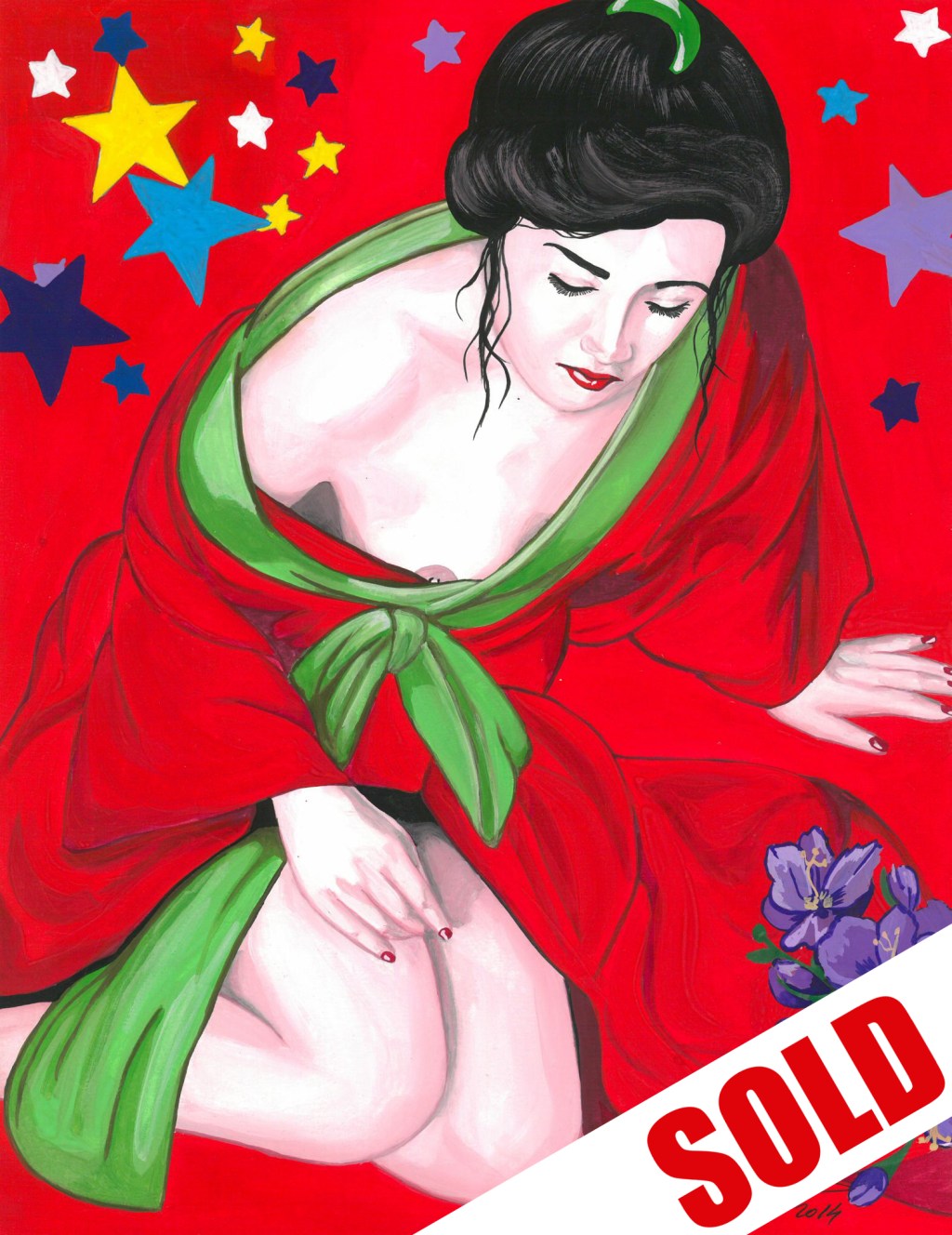 WAITING GEISHA – ORIGINAL EROTIC PAINTING, KIMONO WATERCOLOR, POP ART EROTICA, OBEDIENT&nbsp;LOVE