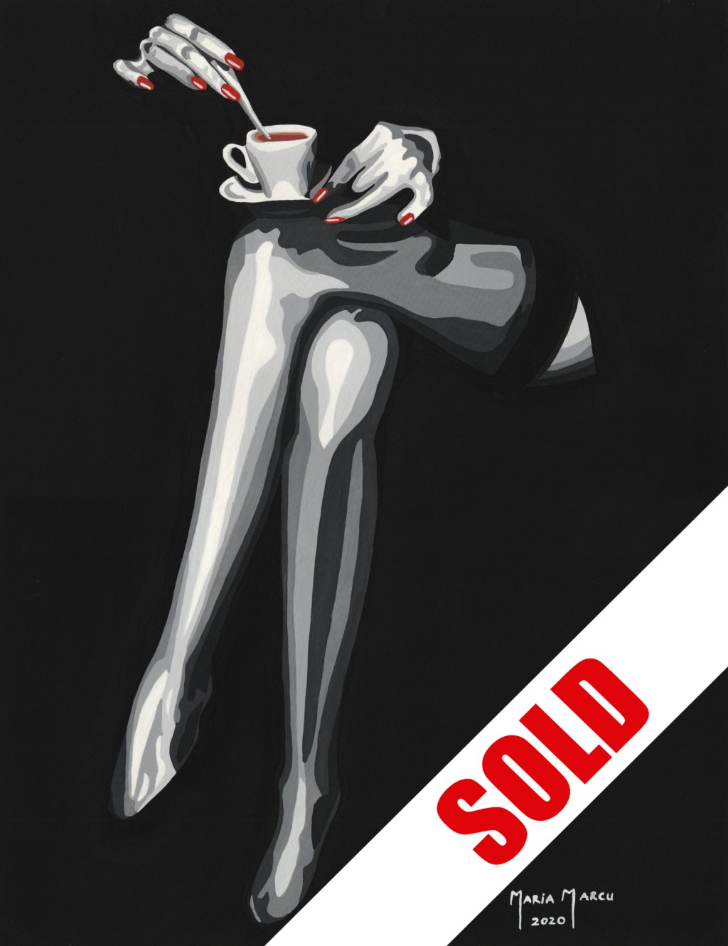 FIVE O’CLOCK TEA – ORIGINAL POP ART WATERCOLOR, MYSTERY SHADOW, STOCKINGS&nbsp;EROTICA