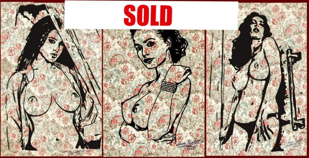 PATTERN OF BEAUTY – 3 INK GRAPHICS ON FLORAL PAPER, ARTISTIC NUDES DRAWING&nbsp;SKETCHES