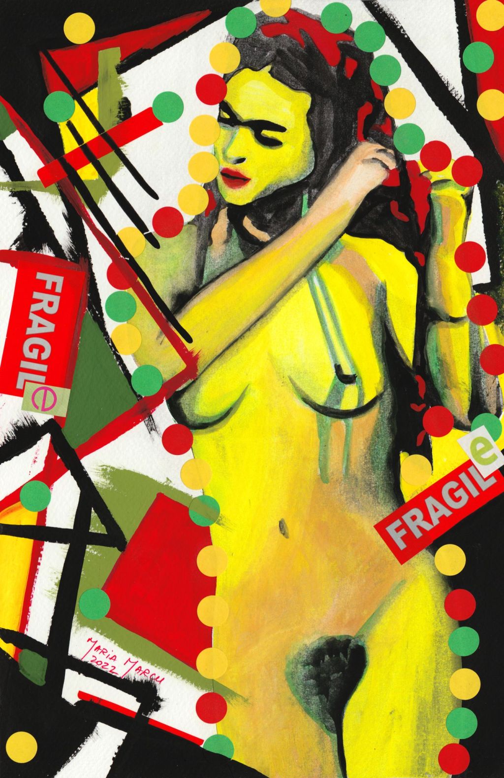 FRAGILE FRIDA – ORIGINAL EROTIC PORTRAIT, MIXED MEDIA (WATERCOLOR & COLLAGE), POP ART&nbsp;EROTICA
