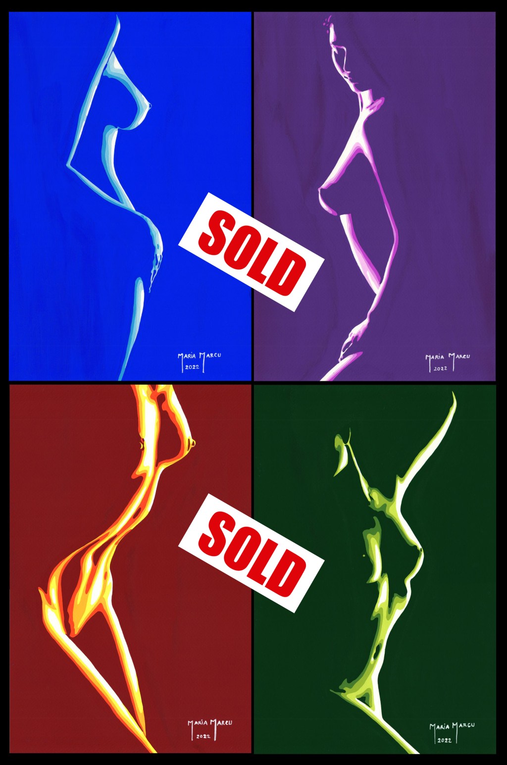 MOONLIGHT SHADOWS – ORIGINAL POP ART SET OF 4 EROTIC WATERCOLORS, SHADOW & LIGHT FX, DANCING&nbsp;EROTICA