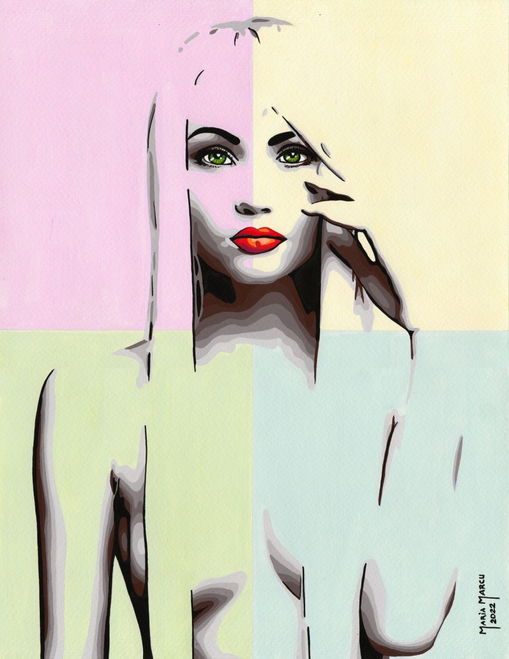 MEMORIES – ORIGINAL EROTIC POP ART, WOMAN IN LOVE, 4 COLOR SEPARATION, PORTRAIT EROTICA