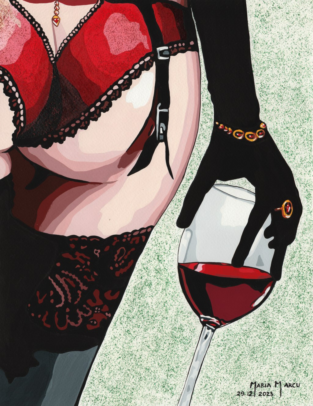 HAPPY NEW YEAR! – ORIGINAL EROTIC POP ART, RED WINE, SEXY LINGERIE&nbsp;EROTICA