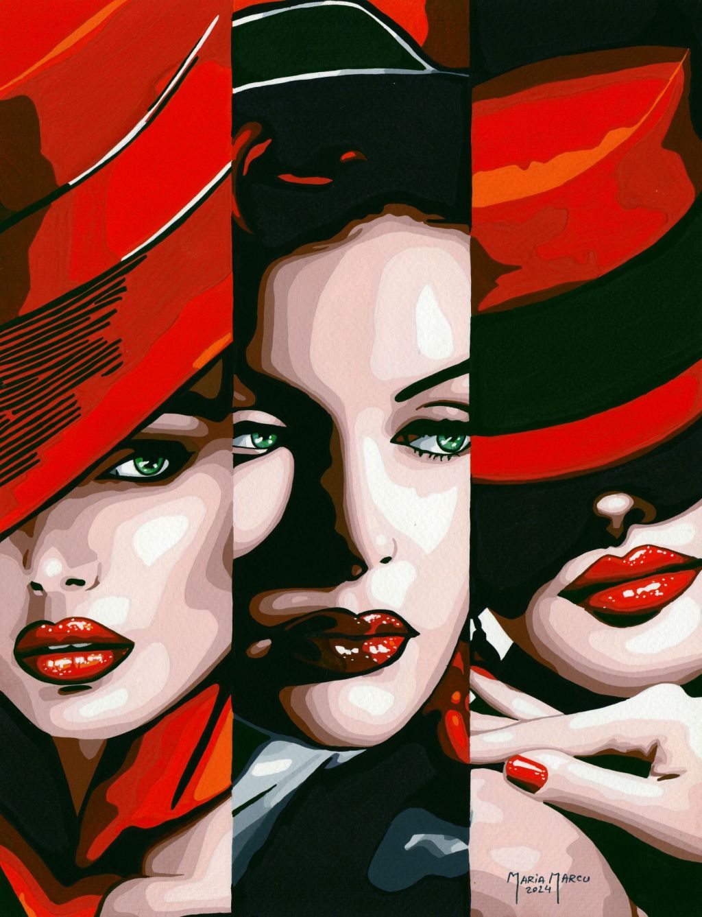 QUEENS OF HEARTS – ORIGINAL POP ART, TRIPTYCH PORTRAIT, FANCY ART&nbsp;EROTICA